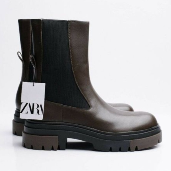 Zara Womens Chelsea Khaki Leather Ankle Boots Lug Soles múltiple size. - Picture 8 of 9